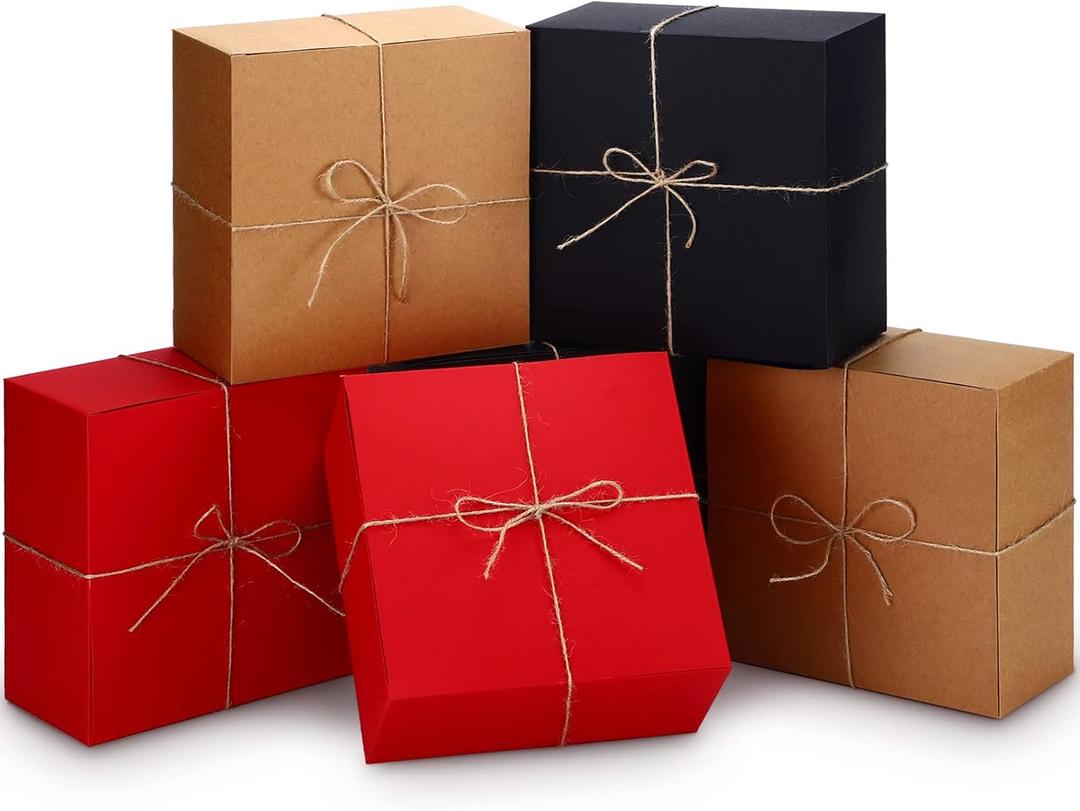 Spiareal 12 Pcs Christmas Boxes with Lids 8'' x 8''x 4'' Square Kraft Boxes with Twine for Xmas Gift Wrapping Holidays Wedding Birthday Party (Red, Black, Brown)