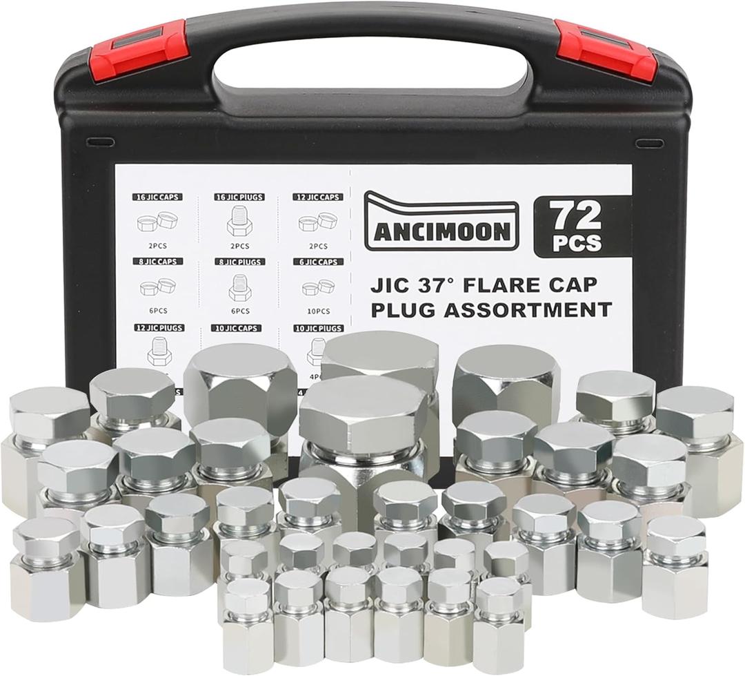 72PCS JIC Cap and Plug Set, 37 Degree Flare Threads Hydraulic Hose Fittings, Carbon Steel, Size 4 6 8 10 12 16