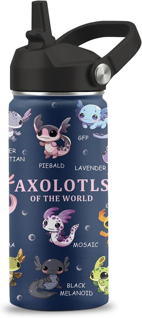 Axolotl Gifts, 16 oz Water Bottle with Straw Lid, Stainless Steel Insulated Tumbler, Cute Animals Water Bottle, Axolotl Cup Gifts for Birthday Christmas (1pc)