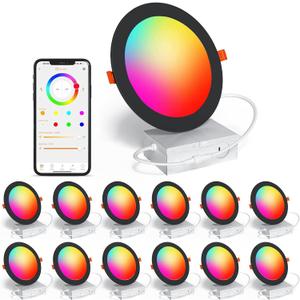 Black Smart Recessed Lighting 6 Inch RGBCW Color Changing 16W LED Downlight with Junction Box,1350 Lumen Recessed Ceiling Light Compatible with Alexa,Dimmable by Bluetooth Control -12Pack