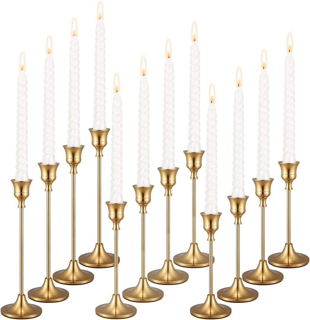 Set of 12 Brass Gold Candle Holder Candlestick Holders Taper Candle Holders Metal Candle Stick Wedding Centerpieces for Tables Candlelight Dinner Home Decor(Candles not Include) (4 Set)