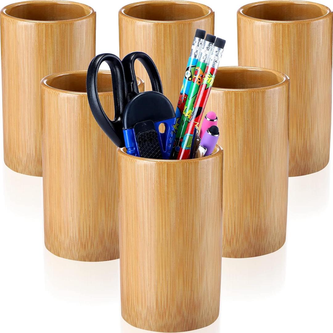 Zhehao 6 Pcs Bamboo Pen Holder Solid Wood Desk Pen Pencil Holder Stand Wooden Pencil Holder for Desk Multi Purpose Use Pencil Cup Cylindrical Pen Cup Desk Organizer for Home School Office Supplies