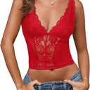 SHENHE Women's Mesh Lace Bustier Corset Top Deep V Neck Spaghetti Strap Fitted Crop Cami Tank (Red, M)