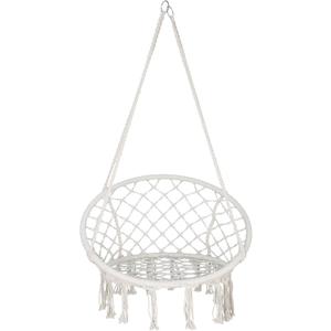 Hammock Chair Macrame Swing, Bohemian Style Round Hanging Chair, Handmade Knitted Cotton Rope Hammock Swing Chair for Indoor/Outdoor Home Bedroom Yard Garden Patio, Max 260Lbs, Beige