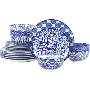 Selamica Ceramic Dinnerware Sets for 6, 18 Pieces Plates and Bowls Set, Scratch Resistant Dishes Set, Dishwasher&Microwave Safe, Vintage Blue