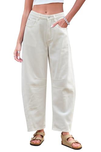 GREAIDEA Mid Rise Barrel Jeans for Women Wide Leg Mid Waist Cropped Cotton Pants Y2k Baggy Boyfriend Jeans with Pockets White XS