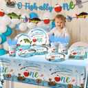 Ofishally One Birthday Decorations,142Pcs Gone Fishing 1st Birthday Party Supplies Our Little Man Is Ofishally Turning Plates Napkins Cups Tablecloth for O Fishally One First birthday Party Supplies