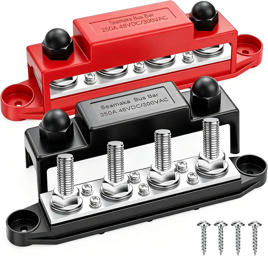 250A 12V Bus Bar Marine 12V,Power Distribution Block with Cover with 4 x 3/8Post 6 x #8 Screws Terminals,Battery Bus Bar with 4PCS Battery Lugs and 4PCS Heat Shrink Tubing for Car Boat Solar Wiring
