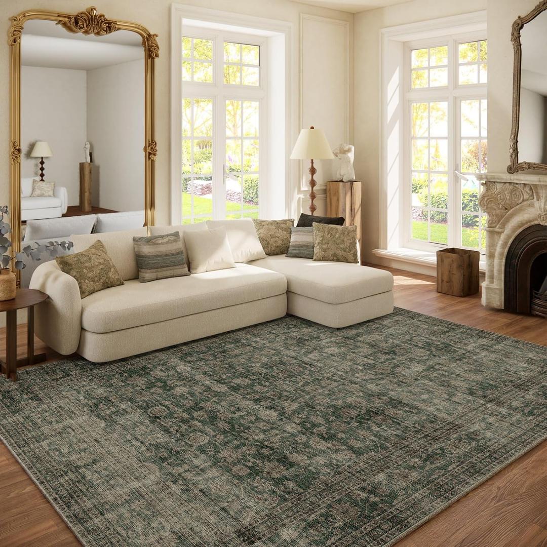 Washable Living Room Area Rug: 6x9 Area Rugs for Bedroom Vintage Stain Resistant Non Slip Low Pile Lightweight Boho Carpet for Kitchen Dining Room Farmhouse Kids Room Nursery (Dark Green)