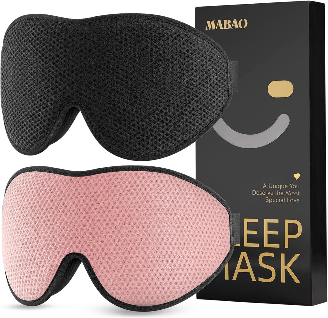 MABAO 2 Packs Sleep Mask for Side Sleeper, Eye Mask for Sleeping Women Men, 3D Contoured Cup No Eye Pressure 100% Light Blocking Sleeping Mask with Adjustable Strap Night Blindfold, Nap, Black & Pink
