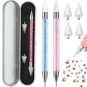 2 Pieces Rhinestone Picker Dotting Pen, Dual-ended Rhinestone Gems Crystals Studs Picker Wax Pencil Pen Crystal Beads Handle Manicure Nail Art DIY Decoration Tool (Light Blue Pink)