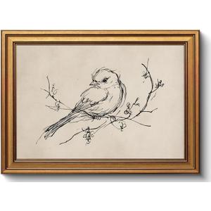 Gold Framed Wall Art Vintage Minimalist Birds Canvas Art Farmhouse Animals Picture Sketch Wall Decor Antique Prints Rustic Paintings Country Artwork for Bedroom Bathroom Living Room 12x16 Inch