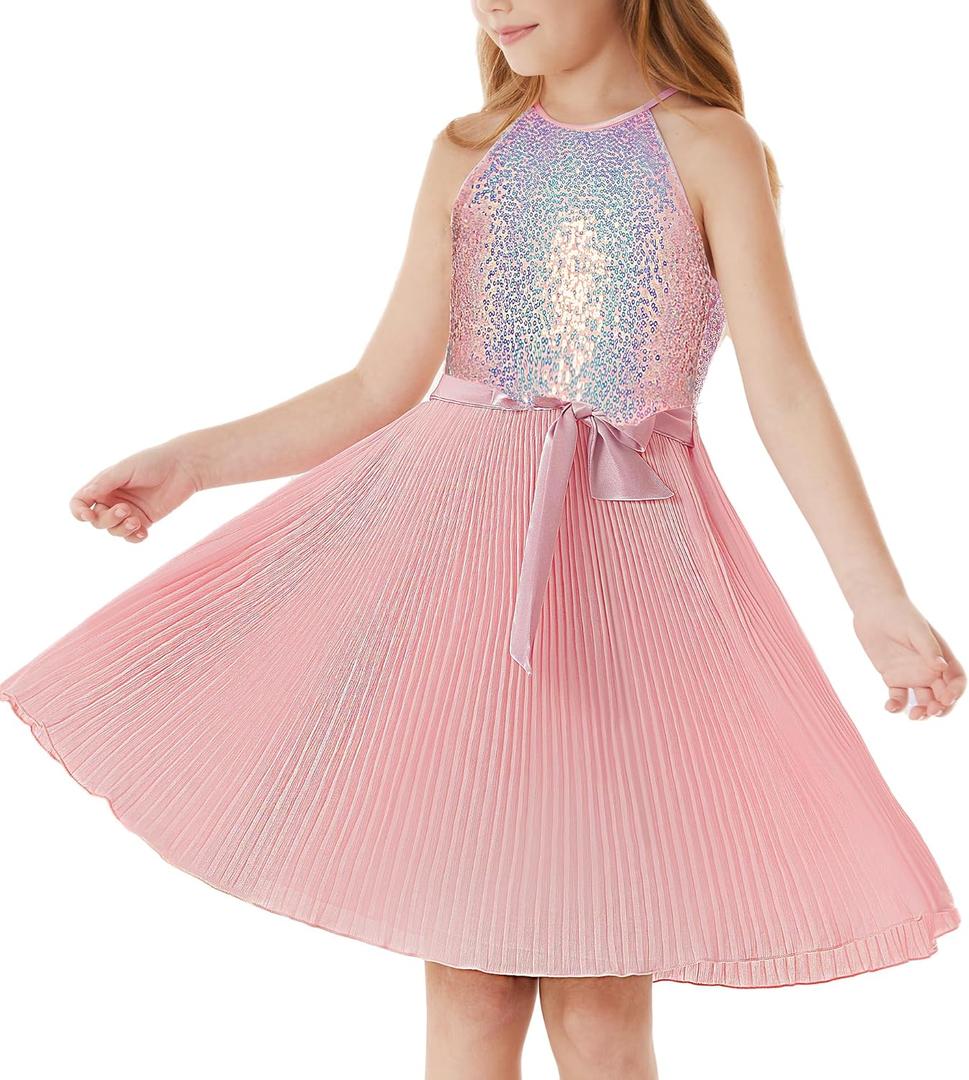 GRACE KARIN Girls Sequin Dress Christmas Party Dance Formal Birthday Fancy Sparkly Halter Chiffon Dresses Size 5-14 (12-14 Years, Fantasy Pink)