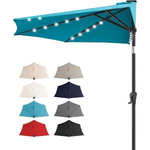 FLAME&SHADE 9 ft Solar Half Patio Umbrella with Lights, Aqua Blue | 25 LED Lights, UV Protection, Half Round Umbrella Outdoor for Balcony, Pool, Porch, Garden, Deck, Provides Evening Lighting