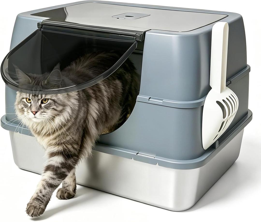 Stainless Steel Litter Box with Litter Box Enclosed Top Entry Metal Litterbox for Big Cats Easy Cleaning Anti-Leakage & High Sided with& Scoop, Medium