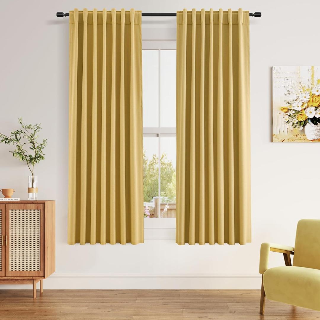 Guken 100% Blackout Curtains 63 Inch Length 2 Panels Set for Living Room Bedroom Back Tab Thermal Insulated Black Out Linen Drapes Room Darkening Window Curtains 63 Inches Long,Gold