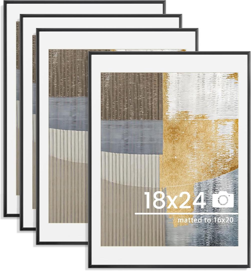 18x24 inch Metal Poster Frame - 18 x 24 Thin Aluminum Picture Frames Matted for 16x20 Photos, Artworks, Prints, Puzzle - High Definition Plexiglass - Vertical and Horizontal Display - Wall Hook Hanging Hardware Included - Black, Set of 4