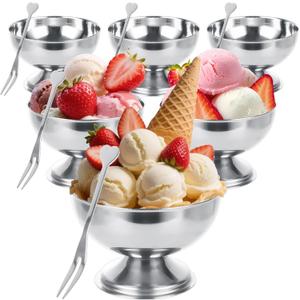 MIVIDE 6 Pack Ice Cream Cups, Stainless Steel Ice Cream Bowl, Dessert Cups with Forks Serving Dessert Bowls Silver Coupe Glasses for Pudding Dessert Frozen Yogurt Fruit