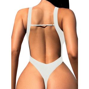 Sexy Backless Cheeky High Cut Leg Thong V Neck One Piece Swimsuit, Size L