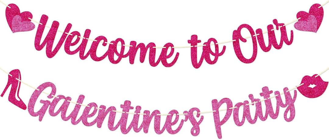 Happy Galentines Day Banner - Welcome to Our Galentine's Party Banner - Galentines Night Decorations - Valentines Day Welcome Sign - Pink Glitter