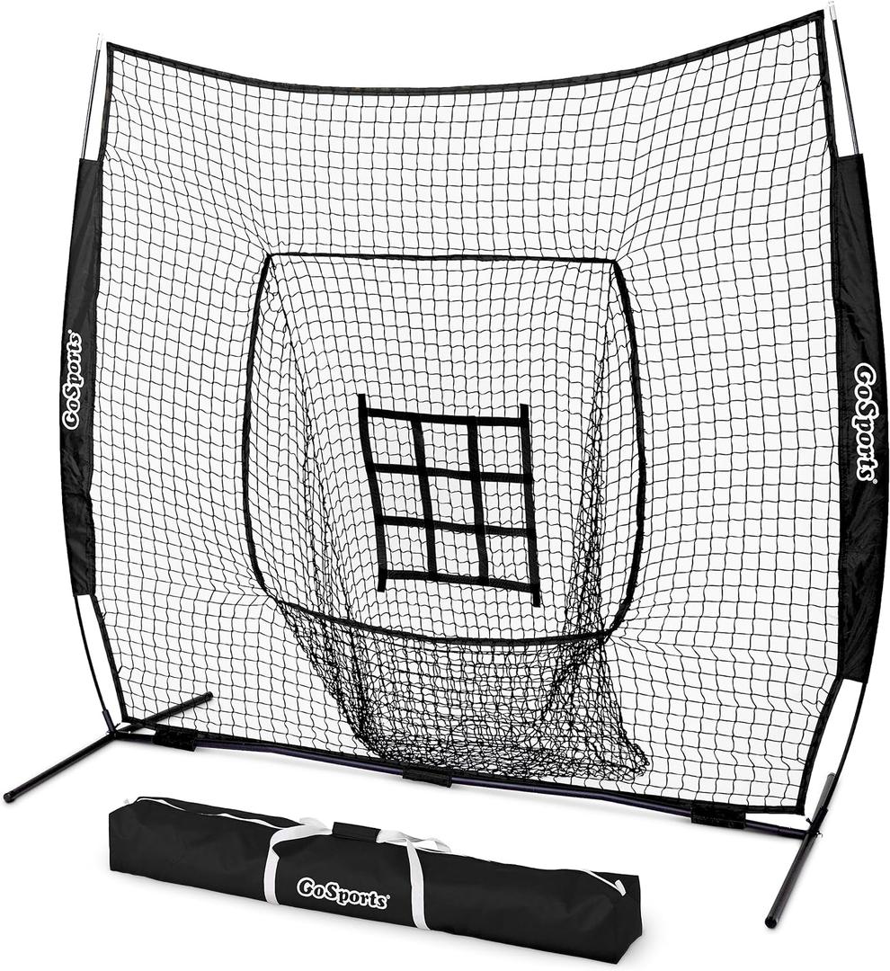 GoSports 7 ft x 7 ft Baseball & Softball Nets - Red, Black, Drip or PRO - Practice Hitting & Pitching Net with Bow Type Frame, Carry Bag and Strike Zone, Great for All Skill Levels