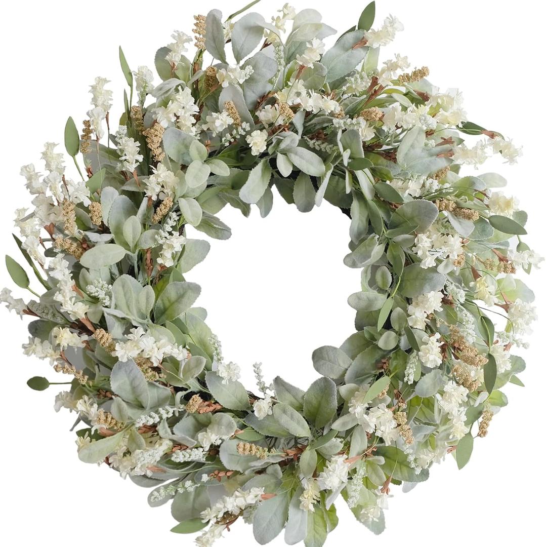 24 Inch Summer Spring Ivory Flowers Wreath for Front Door, Everyday Lamb Ears Leaves Wreath with White Artificial Flower for Indoor and Outdoor, Rustic and Farmhouse Greenery Flower