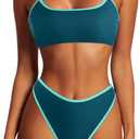 SUUKSESS Women High Waisted 2 Piece Bikini Set Cheeky High Cut Bandeau Swimsuit (Large, 61 Green Blue)