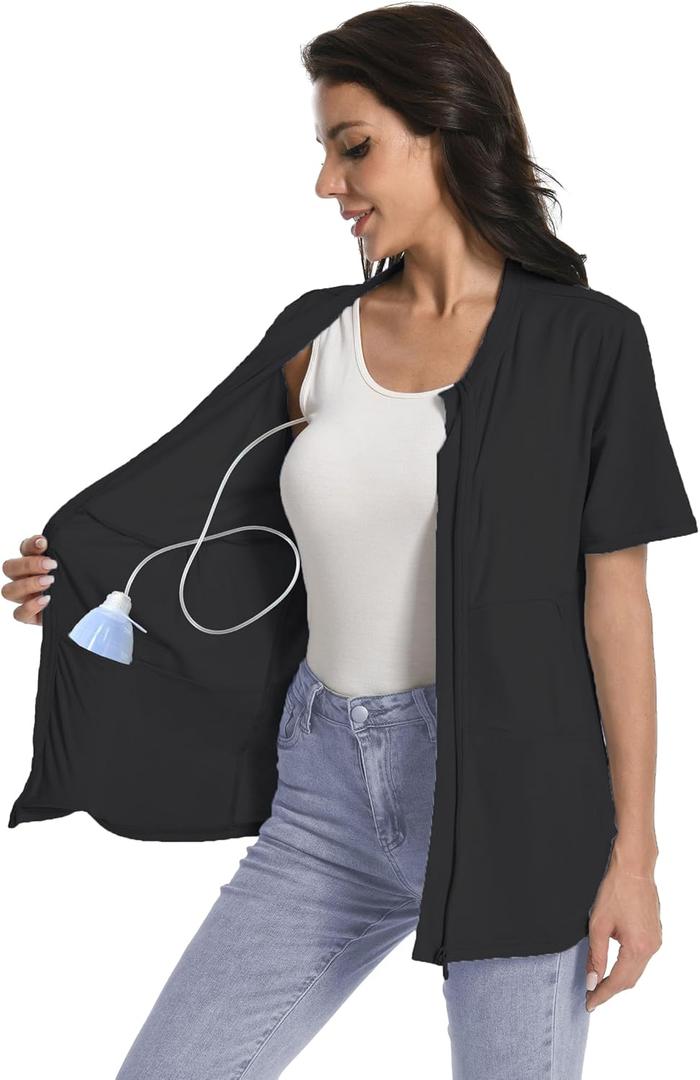 Post Mastectomy Zip Up Shirts with Drain Pockets Surgery Recovery Must Haves Clothing Comfy Short Sleeve Shirts (XX-Large, Black)