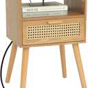 MaxSmeo Mid Century Modern Nightstand with Charging Station, Bedside Tables with Rattan Drawer, Small Wood Nightstand Side Table for Living Room,Bedroom (Brown)