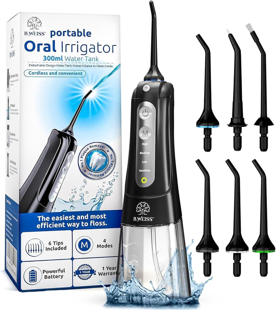 Water Flosser Cordless Pick for Teeth, 4 Modes, Gentle on Gums, Removes Plaque & Food Particles, B. WEISS High-Power, Rechargeable & Waterproof Oral Irrigator; 6 Tips Included, Black