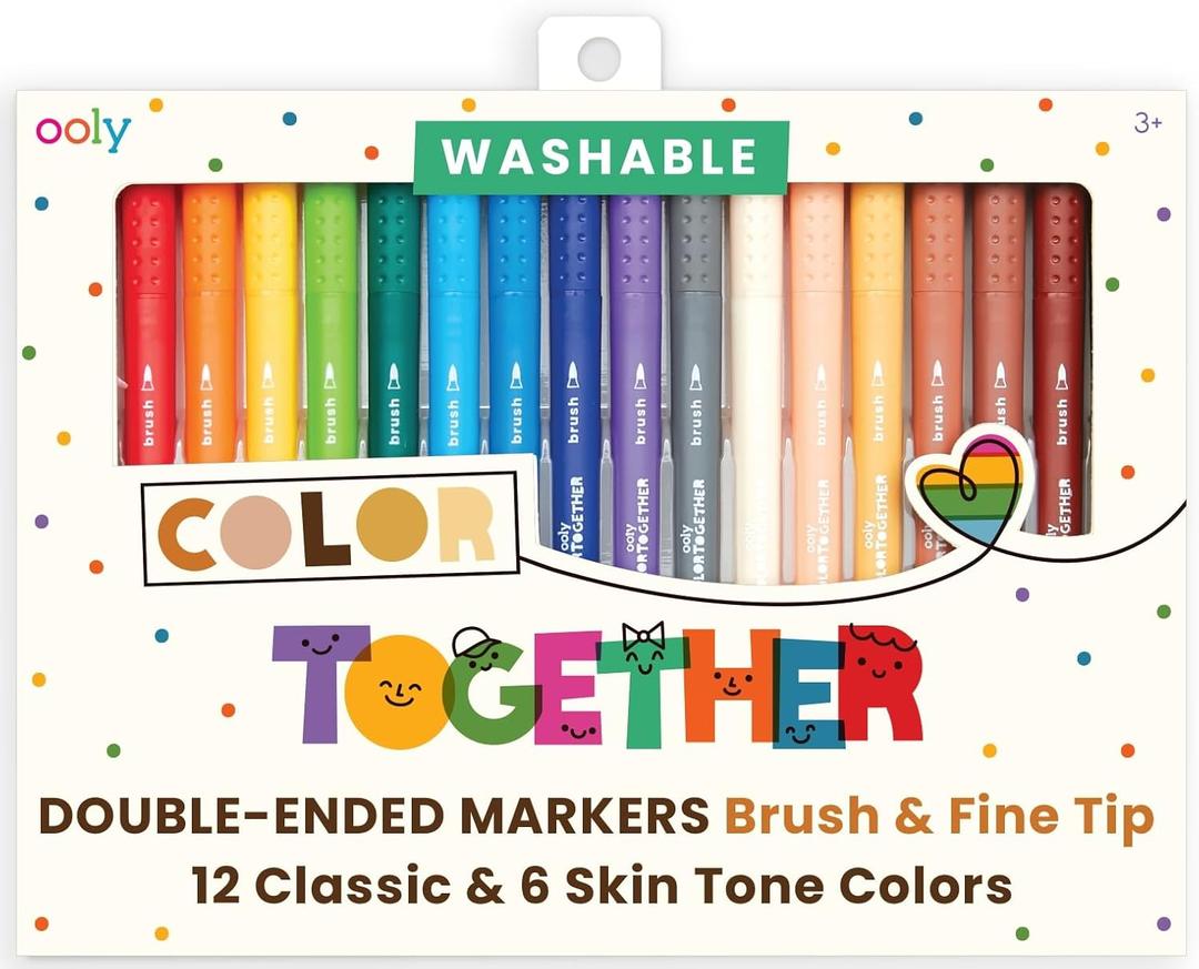 Ooly Color Together Dual Tip Markers - 18 Colors, 12 Bright & 6 Skin Tone, Brush and Point Tip on Each Marker for Kids, Double Ended Markers for Art Supplies & Stationery Sets