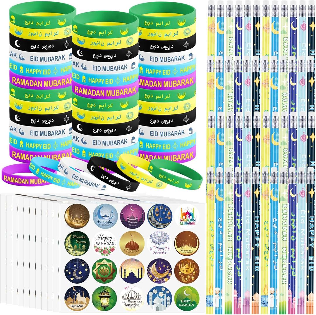 496 Pcs Ramadan Gifts Eid Ramadan Pencil Wristband Sticker Set Including 48 Pencil 48 Wristband 400 Sticker for Mubarak Party Decorations Gifts(Cute)