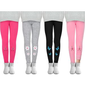 Cooraby 4 Pack Girls Winter Fleece Lined Leggings Girls Thick Warm Leggings Stretchy Thermal Tights Kid Winter Printed Pants (Pink)