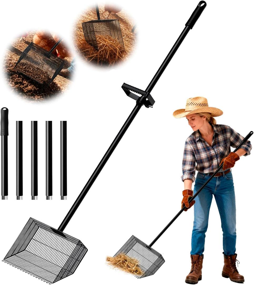 Chicken Poop Scooper with 12" Wide Heavy Duty Litter Shovel and Adjustable 2573" Steel Handle, Multi-Section Detachable Pole Poop Rake for Easy Chicken Coop Cleaning, Durable Metal Accessories (Black)