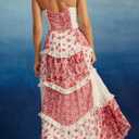 ebossy Womens Lace Patchwork Floral Maxi Dress Spaghetti Strap Sexy Backless Ruffle Tiered Boho Beach Sundresses (XL)