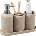 Bathroom Accessories Set, Bathroom Organizer Countertop, Soap Dispenser and Toothbrush Holder, Mouthwash Cup, Tray Set, Vanity Tray for Bathroom, 4 Pieces Modern Decor (Beige)