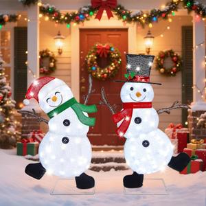 Lulu Home 2-Pack Lighted Christmas Snowman Decorations, 3.1+2.5FT Outdoor Snowmen with 70 LEDs White Lights, 2D Plug-in Snowman Holiday Yard Decor with Scarves for Lawn Garden Party