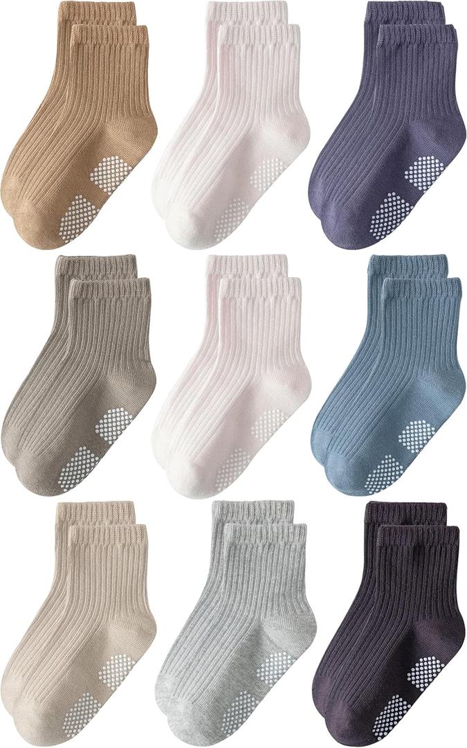 Toddler Grip Socks Non Slip Crew Cute Seamless Cotton Socks for Baby Boys Girls Infants Kids 9 Pairs (3-12 Months, Multicolor)