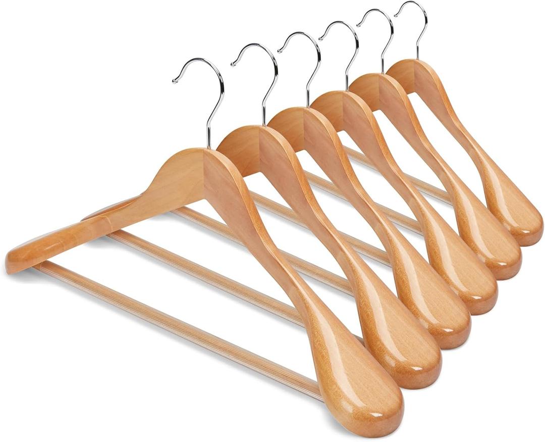 HOUSE DAY Wide Shoulder Wooden Hangers, Suit Hangers with Non Slip Pants Bar, Smooth Finish 360 Swivel Hook High-Grade Solid Wood Coat Hangers for Dress, Jacket, Heavy Clothes Hanger 6 Pack (Natural)