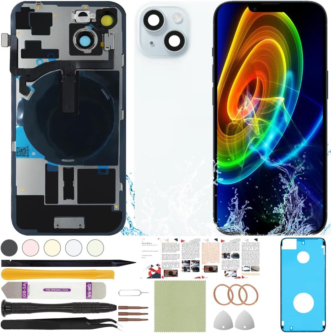 Back Screen Glass Replacement Compatible with iPhone 15 All Carriers 6.1" + Pre-Installed Plate + Wireless Charging Coil Flex Cable + Microphone + Flashlight + Camera Frame (Blue)