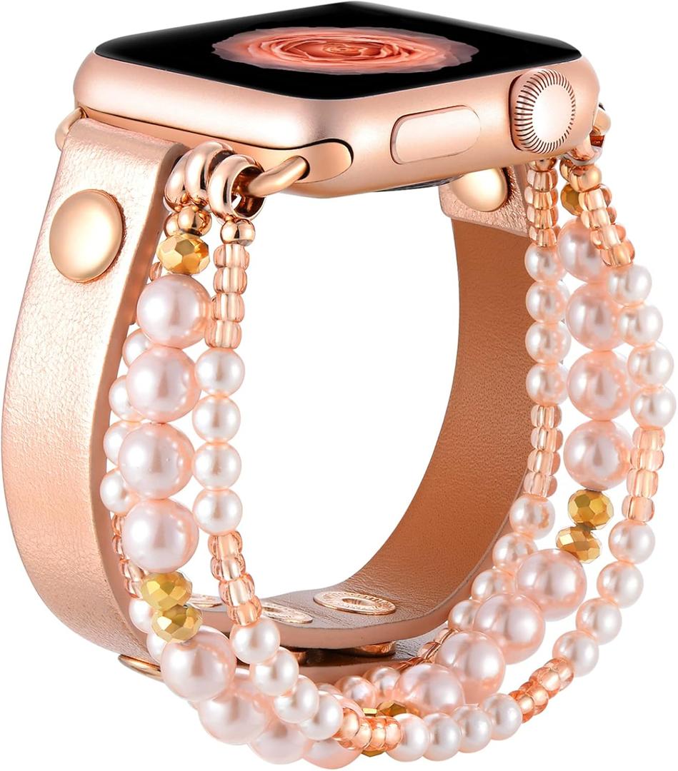fastgo Leather Wrap Bracelet Band Compatible with Apple Watch 40mm 38mm 41mm Women, Elastic Crystal Beaded Bracelet Strap for IWatch Series SE & Series 9 Ultra 8 7 6 5 4 3 2 1 Pink(Rose Gold/Pink)
