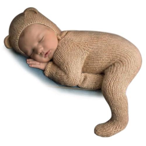 Newborn Photography Props Teddy Bear Outfit,Newborn Posing Props Footed Romper With Bear Hat, Newborn Romper Set for Baby Photo Prop