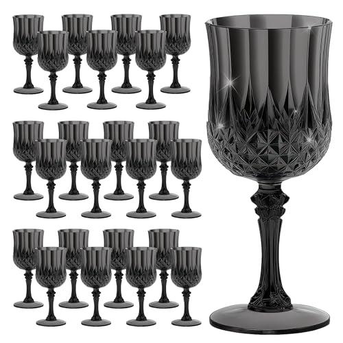 HTTBEIZI 7OZ Plastic Wine Glasses, Disposable Goblets Drinking Glasses Crystal Vintage Water Cups Unbreakable Champagne for Wedding, Parties, Valentine’s Day (24, Black)