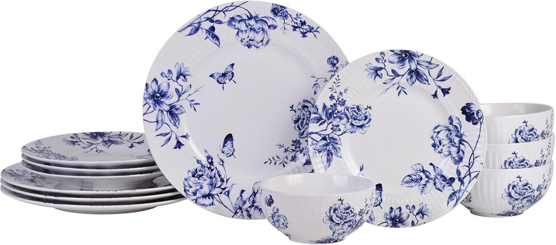 222 Fifth 12-Piece Porcelain Dinnerware Set for 4, White & Blue Plates and Bowls Set, Glossy Ceramic Dish Set with Embossed Toile Pattern, Elegant Kitchen Dishes, Microwave & Dishwasher Safe, Cassian