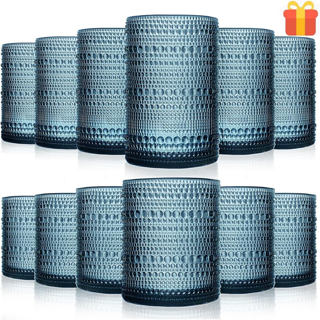 Vintage Glassware Drinking Glasses Set Of 12, Blue 14Oz & 11Oz Hobnail Glass Cups Classic Bubble Texture Old Fashioned Glassware For Beer, Cocktails, Whiskey & Juice Drinks, Dishwasher Safe