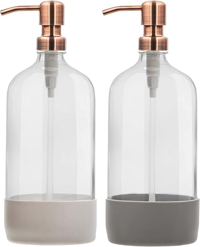 32 oz Glass Pump Bottle Rustproof Stainless Steel Pump, Funnel, and Lids. Modern Farmhouse Vintage Jar, Large Glass Shampoo Bottles with Pump and Laundry Soap Dispenser  Rose Gold