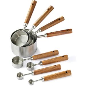 8PCS Measuring Cups, DAJLFA Stainless Steel Measuring Cups and Spoons Set with Ergonomic Wooden Handle for Cooking & Baking