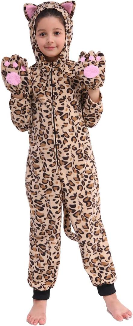Wizland Fleece Leopard Costume for Kids One Piece Cheetah Costume Cat Onesie Cheetah Onesie Kids 6-8