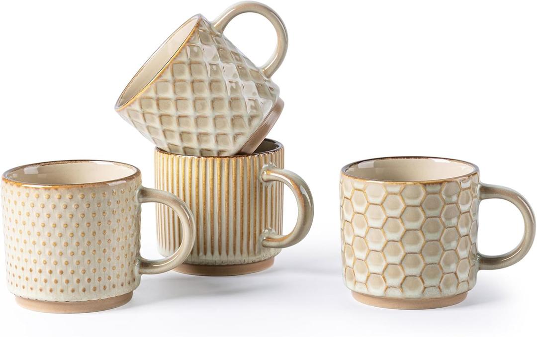 GBhome 6OZ Stackable Coffee Mugs, Ceramic Coffee Mugs with Texture Patterns for Man,Woman,Dad,Mom, Modern Coffee Cups Set of 4 for Espresso/Cappuccino. Dishwasher&Microwave Safe