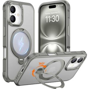 Temdan Designed for iPhone 16 Case,[with 360Rotatable Invisible Magnetic O-Ring Stand][Military Grade Shockproof][Compatible with MagSafe] Anti-Slip Translucent Matte Phone Case 6.1" (Grey)